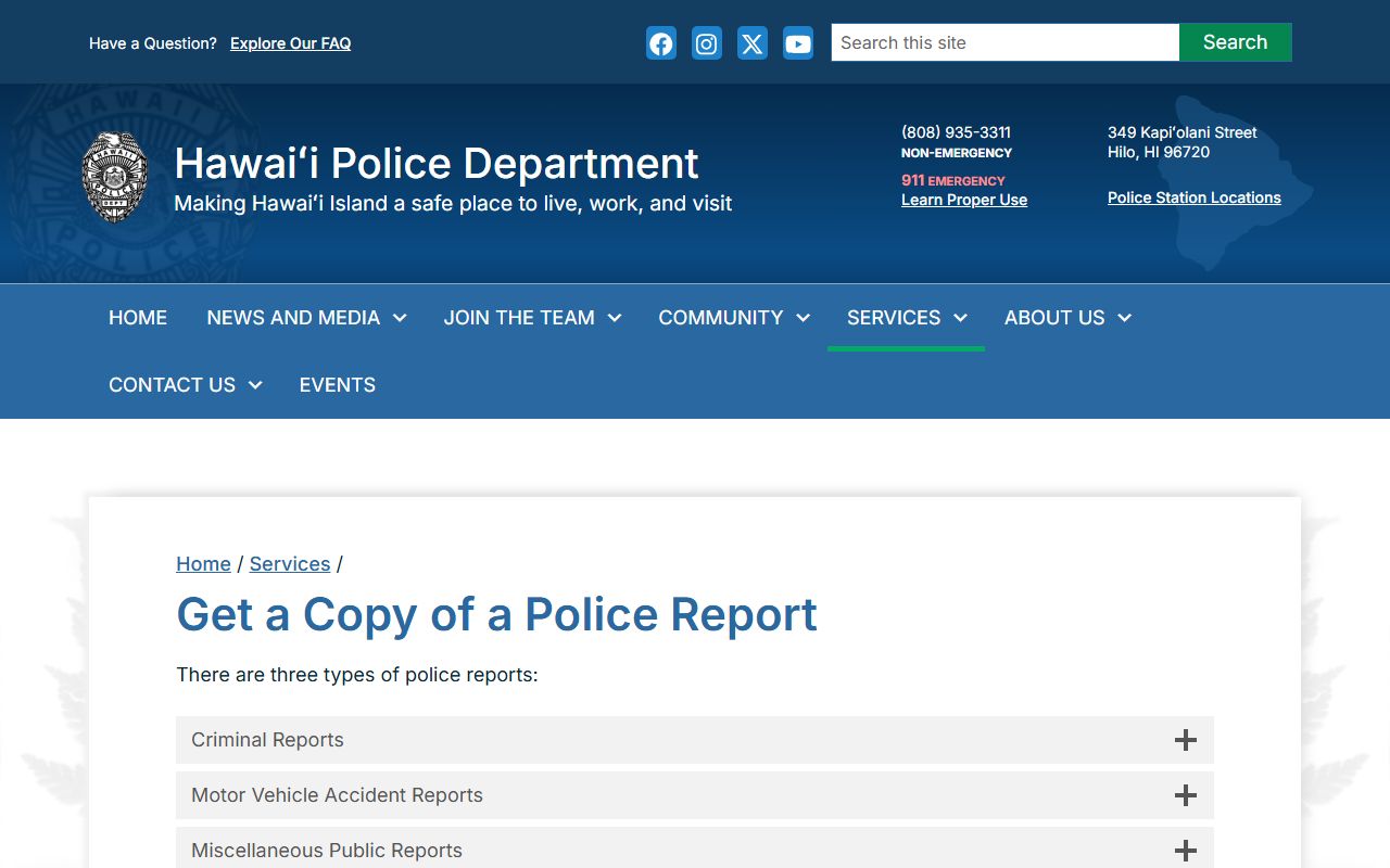 Hawaii Police Department police report request Hilo criminal records