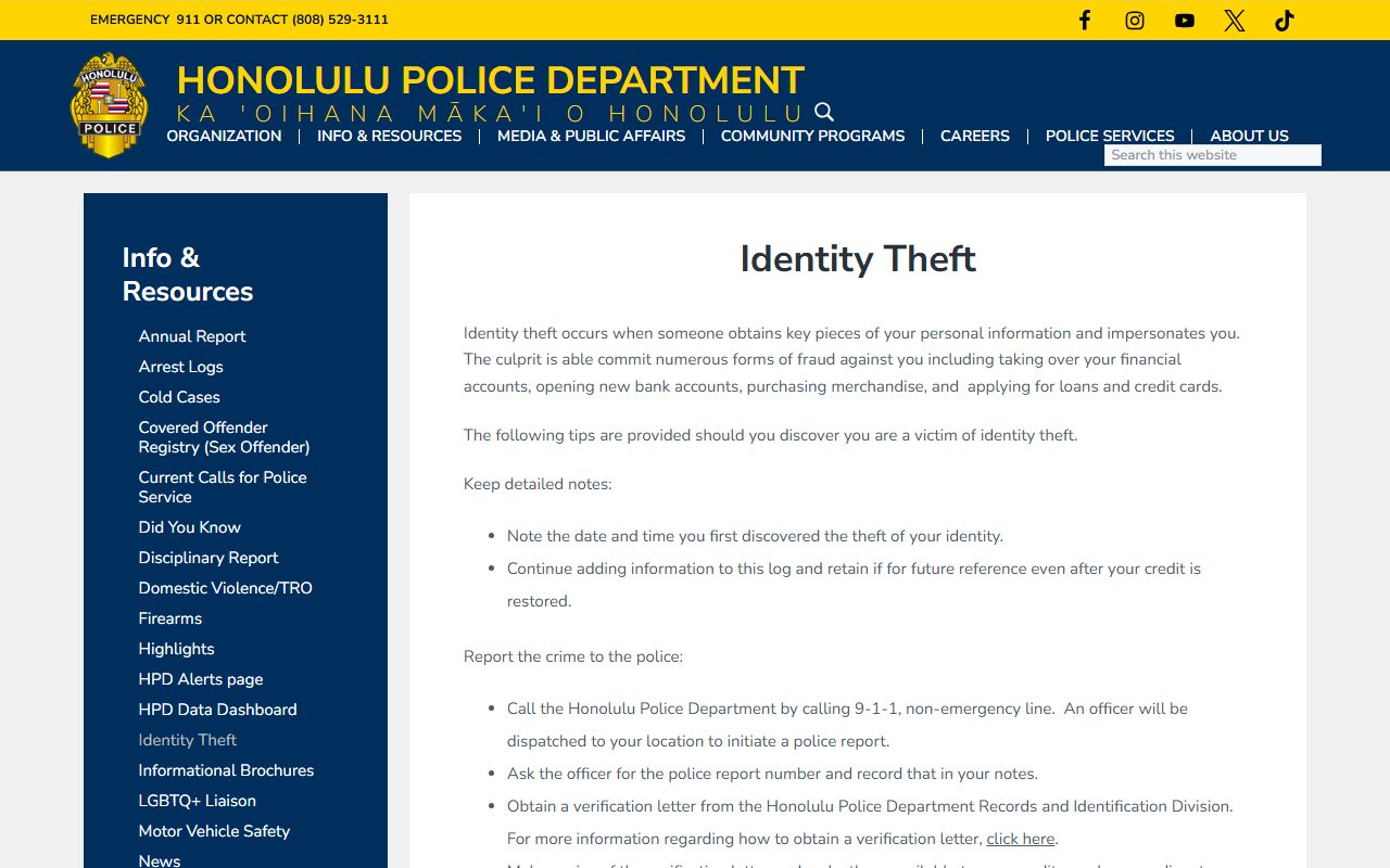 HPD identity theft information Honolulu County criminal records