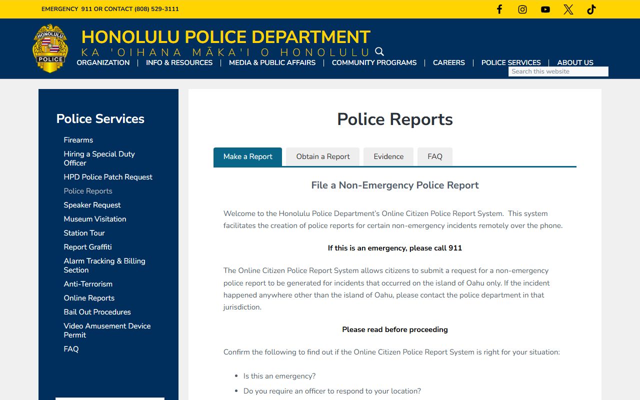 HPD police reports request page Honolulu County felony records