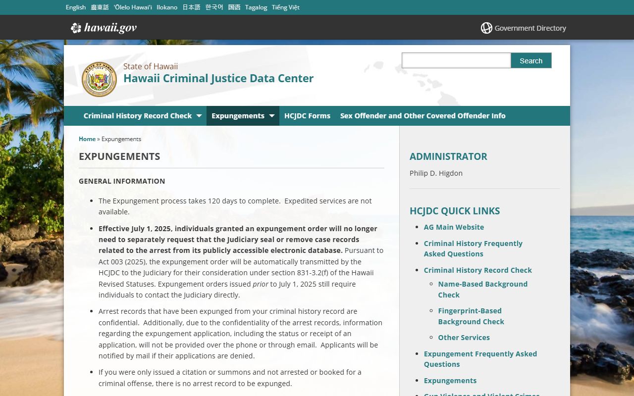 Hawaii HCJDC expungement information for felony records