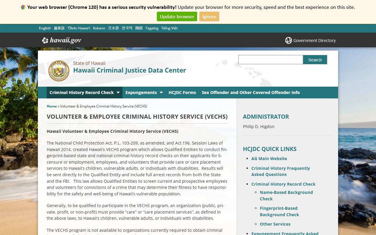 Hawaii VECHS program criminal history records